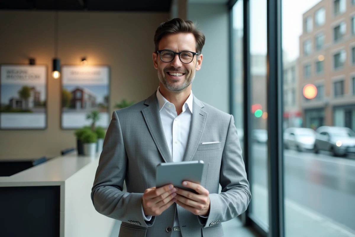Agent immobilier consultant un annuaire en ligne sur une tablette dans une agence moderne