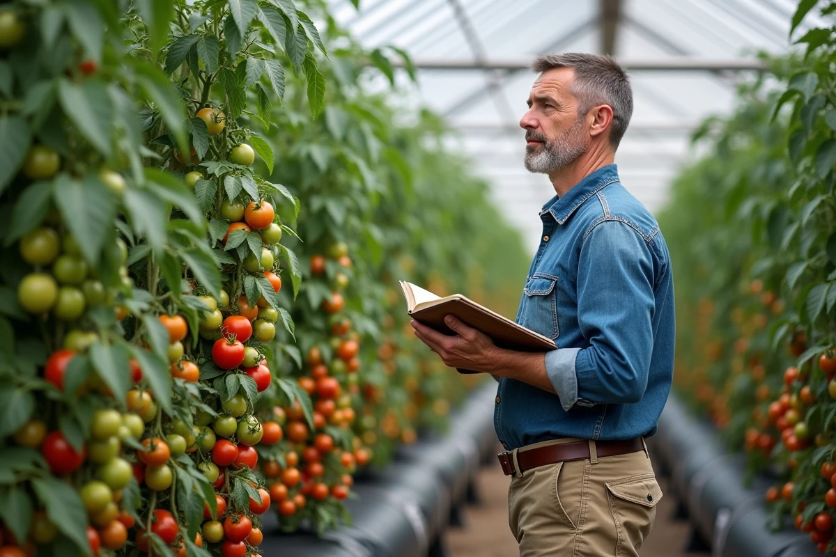 Agriculteur observant la maturité des tomates en serre avec un carnet de notes, différents stades de mûrissement visibles