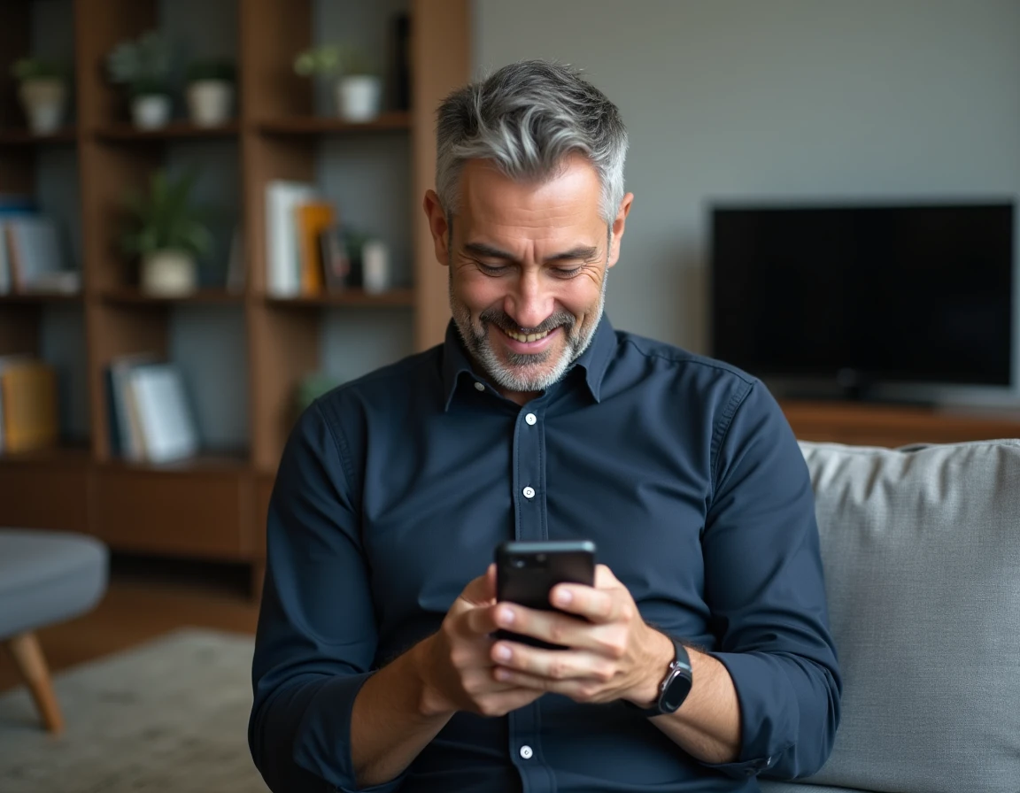 Homme consultant les étapes d'annulation d'Amazon Prime sur son smartphone dans un salon