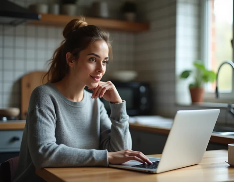 Femme annulant son abonnement Amazon Prime sur un ordinateur portable dans une cuisine moderne