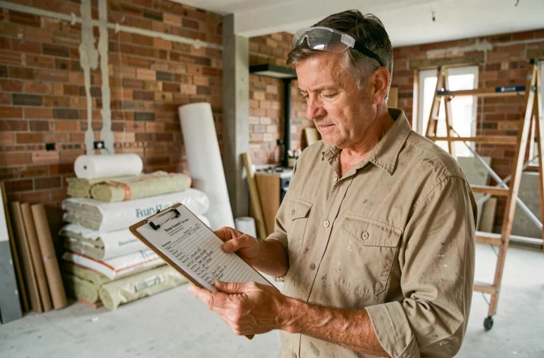 Artisan du bâtiment examinant un devis de travaux de rénovation sur un chantier de cuisine en rénovation