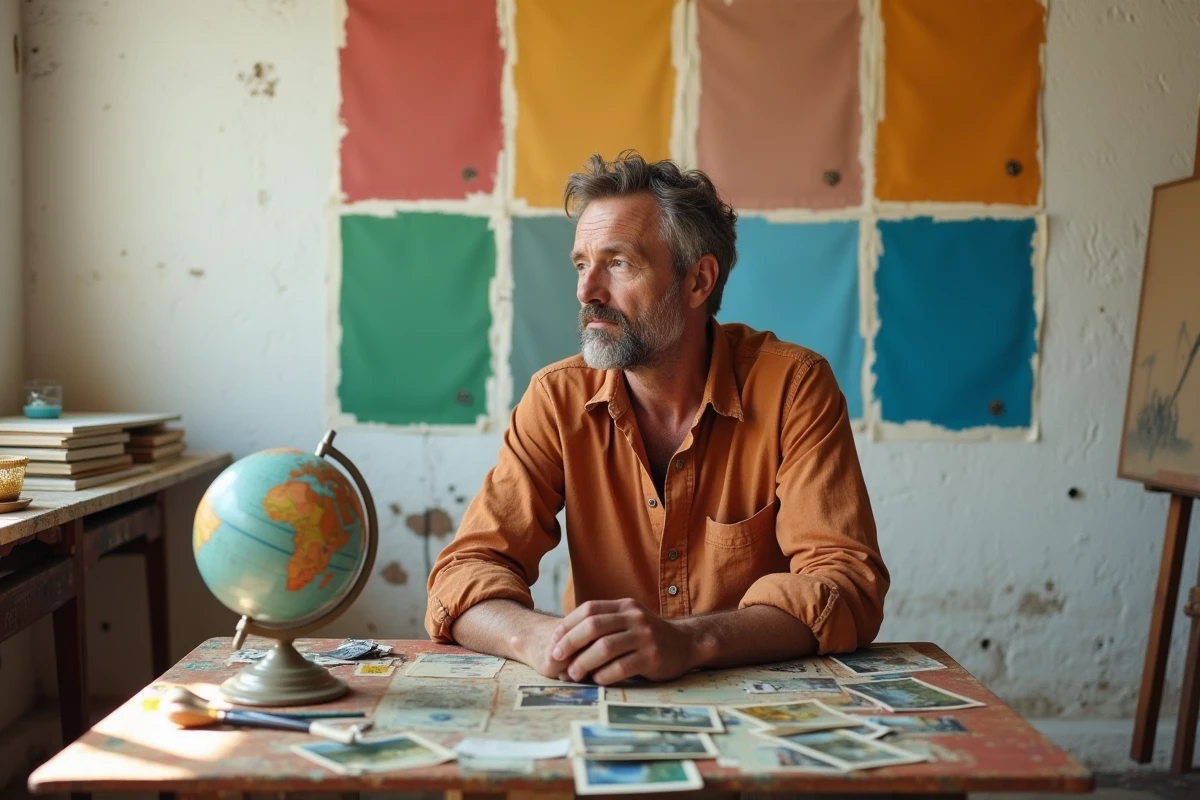 Artiste masculin dans un atelier lisboète entouré de palettes de couleurs et cartes postales de voyage illustrant la psychologie des couleurs et le désir d'évasion