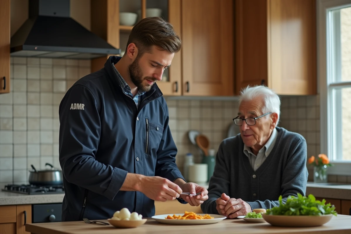 Auxiliaire de vie ADMR préparant un repas pour un senior dans une cuisine française