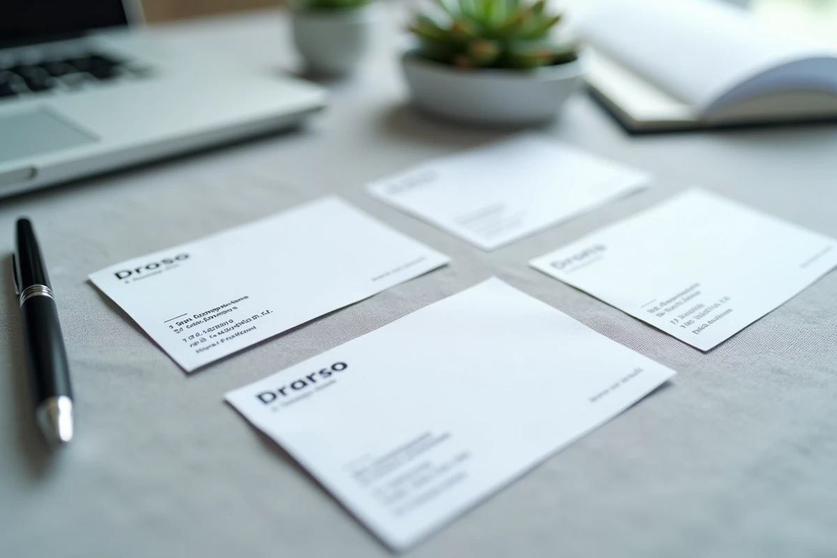 Cartes de visite professionnelles avec numéro SIRET imprimé sur fond de lin gris