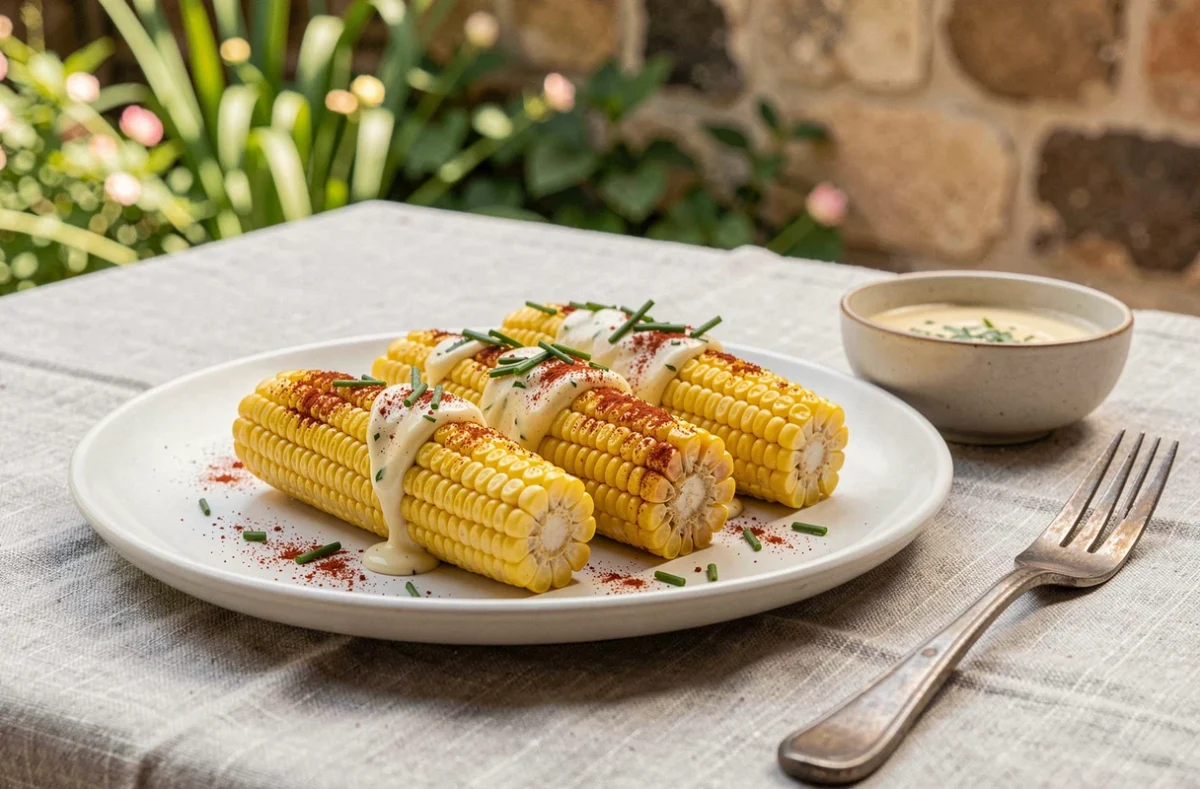 Assiette de cobettes de maïs beurrées aux herbes et paprika fumé dressée sur une terrasse extérieure en été