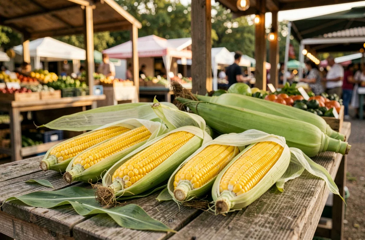 Cobettes de maïs fraîches exposées sur un étal en bois de marché fermier avec feuilles et épis coupés en deux