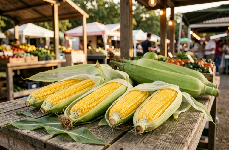 Cobettes de maïs fraîches exposées sur un étal en bois de marché fermier avec feuilles et épis coupés en deux