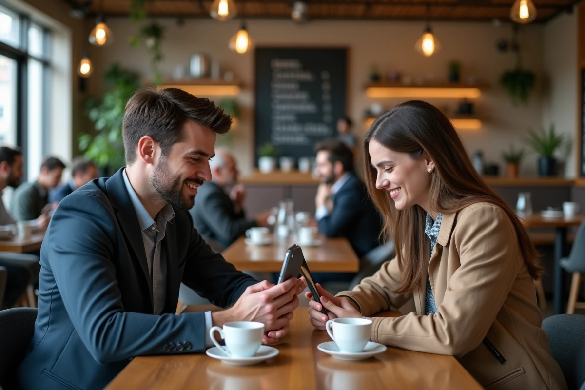 Deux personnes comparant des alternatives d'applications de chat sur leurs appareils dans un café moderne