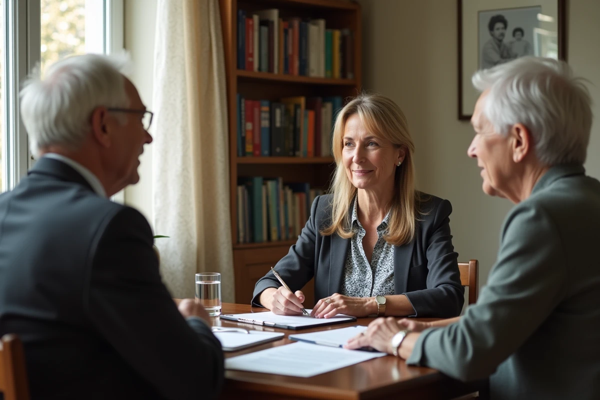 Conseillère ADMR présentant les tarifs et prestations à un couple de seniors à domicile