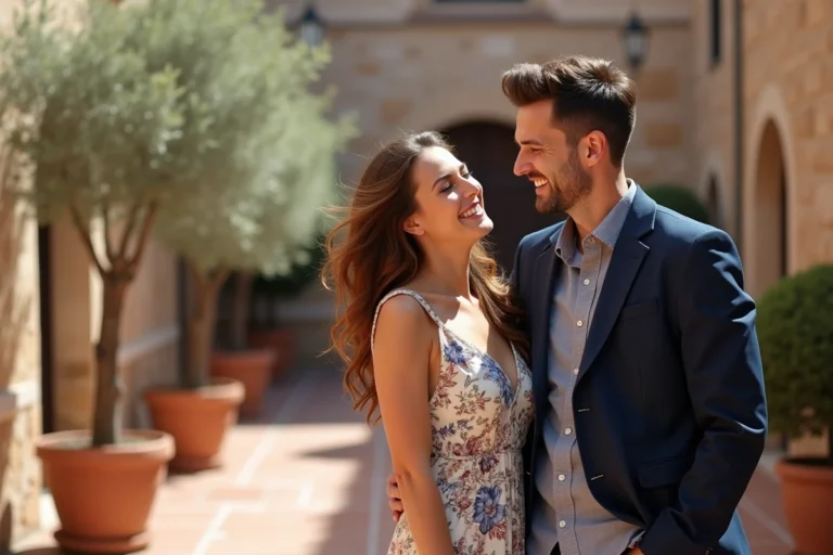 Couple souriant et complice dans une cour méditerranéenne ensoleillée, illustrant l'amour et le soutien mutuel