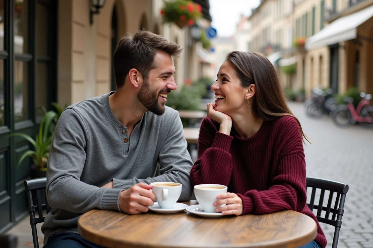 Couple partageant un café en terrasse dans un village français, symbole de complicité et de vie partagée en dehors des circuits