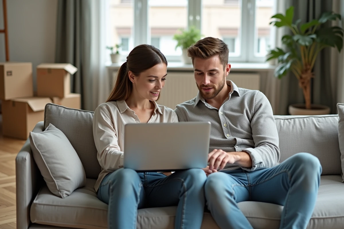 Couple recherchant les meilleurs sites immobiliers sur un ordinateur portable dans leur salon