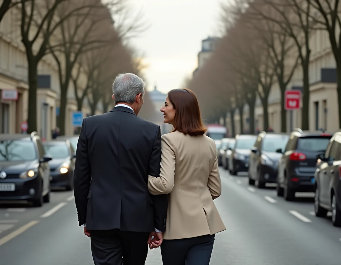 Couple élégant se promenant dans une rue parisienne classique avec des façades haussmanniennes