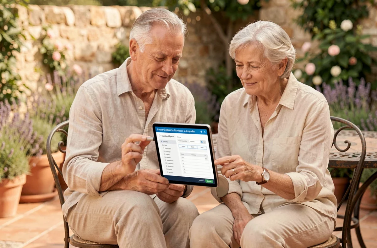 Couple de retraités consultant un outil fiscal en ligne dans leur jardin pour gérer leur abattement retraite