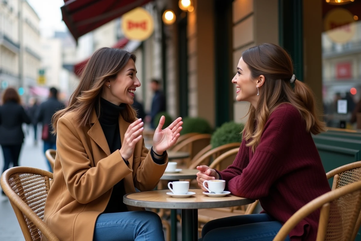 Deux femmes en conversation animée sur une terrasse de café parisien en automne, tenues casual-chic, ambiance amicale et lifestyle urbain