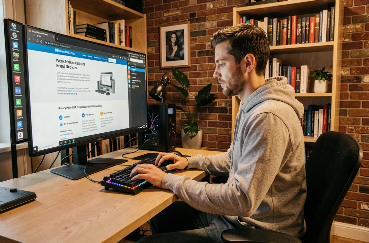 Développeur web consultant les mentions légales et la politique de confidentialité RGPD sur son écran dans un bureau à domicile