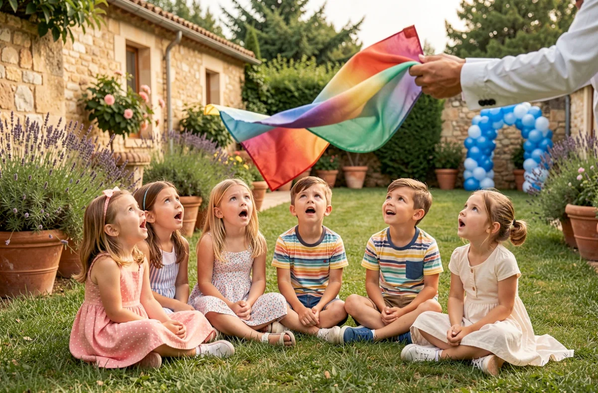 Groupe d'enfants émerveillés regardant un tour de magie lors d'une fête d'anniversaire dans un jardin à Antibes