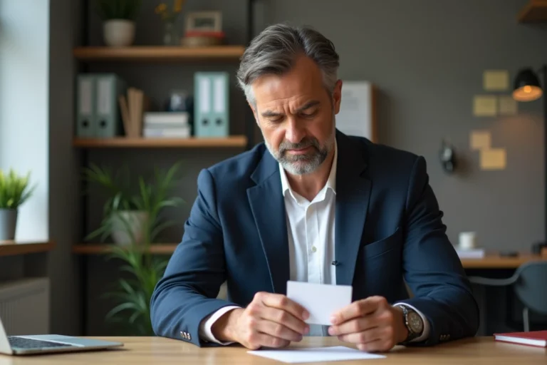 Entrepreneur examinant ses cartes de visite professionnelles avec numéro SIRET à son bureau