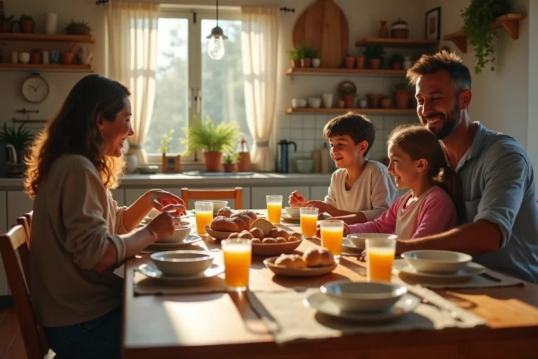 Famille réunie autour d'un petit-déjeuner convivial dans une cuisine chaleureuse pour une vie de famille épanouie