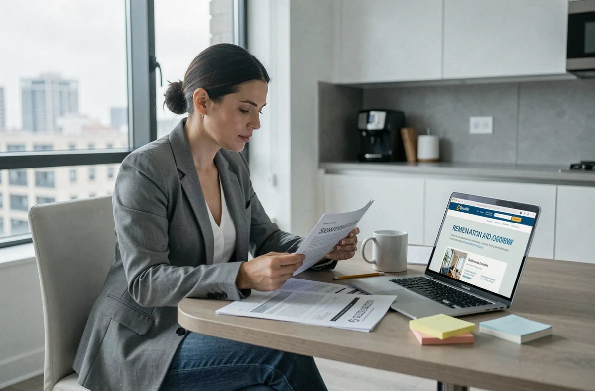 Femme consultant des formulaires d'aides à la rénovation énergétique sur une table de cuisine avec ordinateur portable