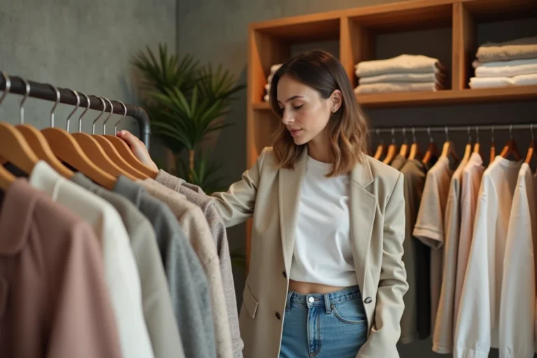 Femme parcourant des vêtements en location dans une boutique éco-responsable au décor moderne et naturel