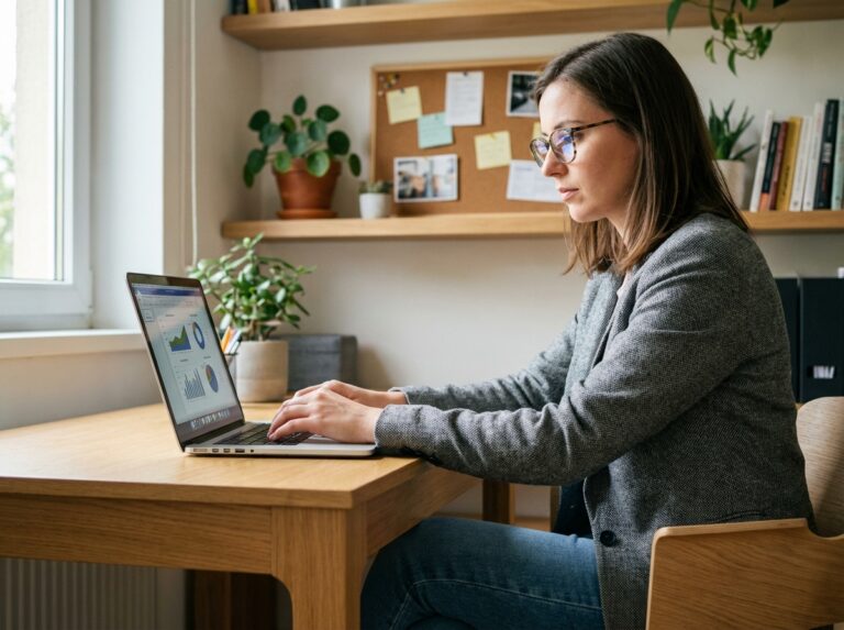 Jeune femme concentrée travaillant sur un ordinateur dans un bureau moderne