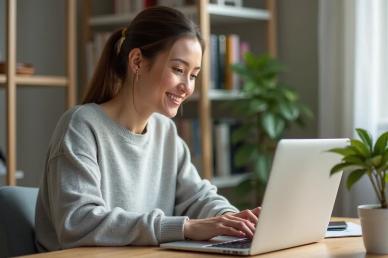 Femme utilisant une application de chat en ligne sur son ordinateur portable dans un bureau à domicile moderne