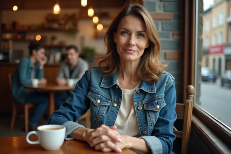 Femme dans la quarantaine assise dans un café urbain, tenant une tasse de café, regard pensif vers une fenêtre, style éditorial réaliste