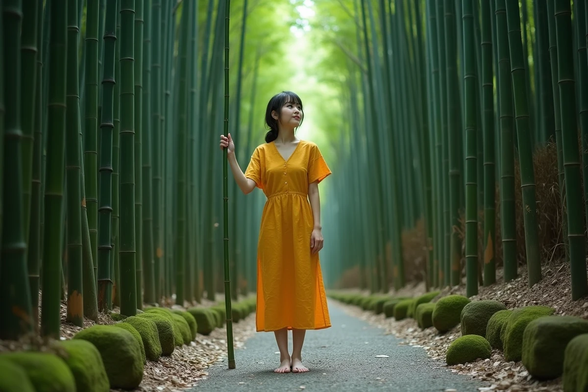 Jeune femme en robe moutarde dans la forêt de bambous d'Arashiyama au Japon, symbolisant l'appel du voyage et la signification émotionnelle de la couleur verte