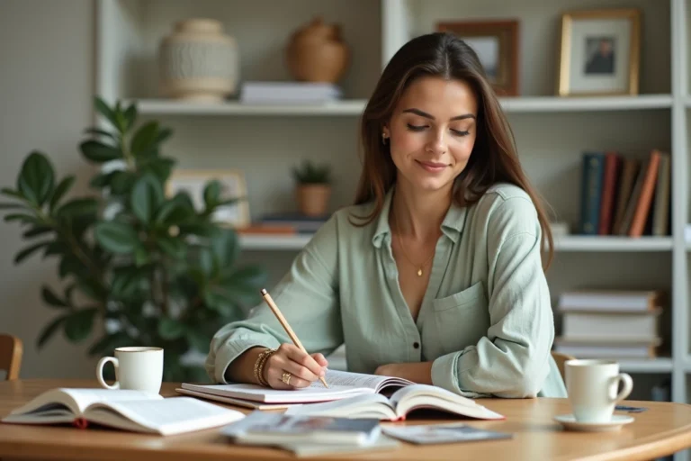 Jeune femme consultant un journal dans un appartement parisien cosy, entourée de magazines et carnets de notes, ambiance quotidien créatif et inspirant