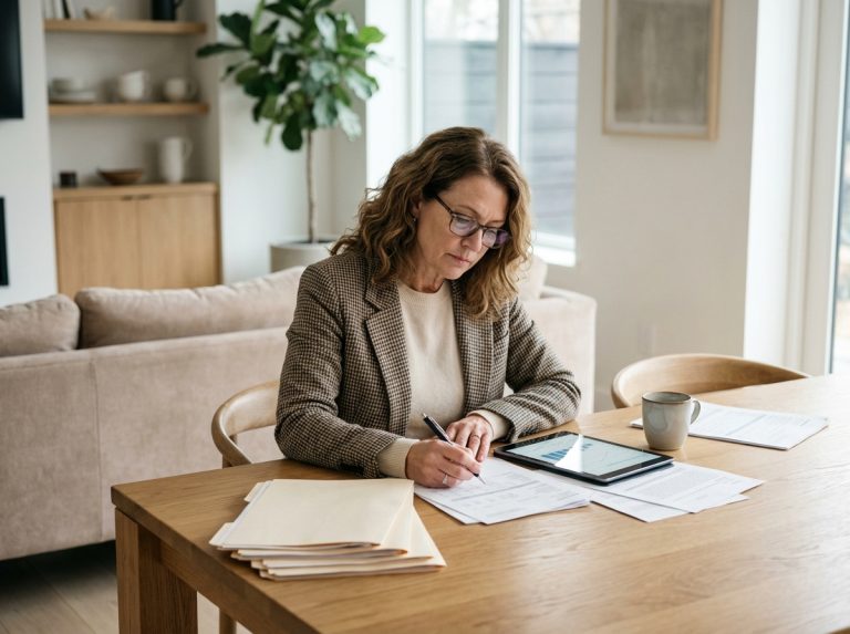 Femme d'âge moyen lisant des documents dans un salon lumineux