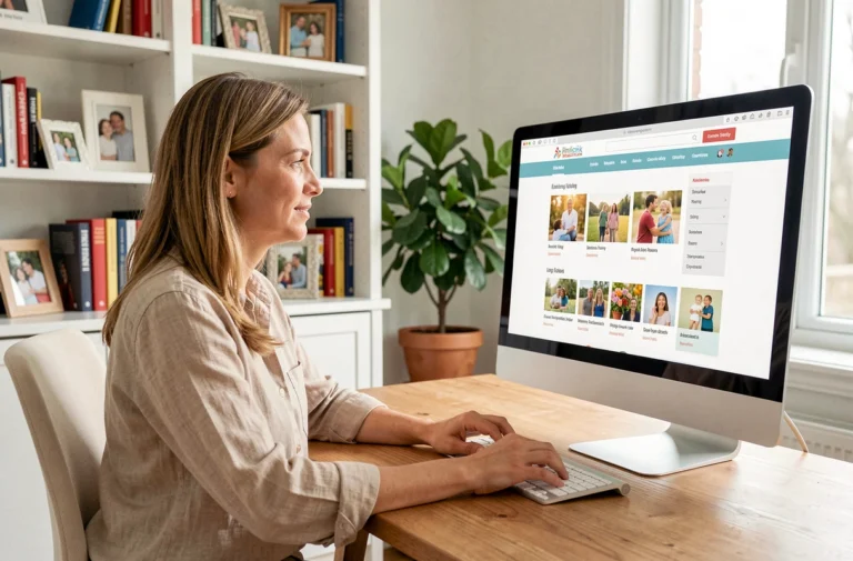 Femme naviguant sur le site Happy Family depuis un bureau à domicile, illustrant une navigation simplifiée et intuitive