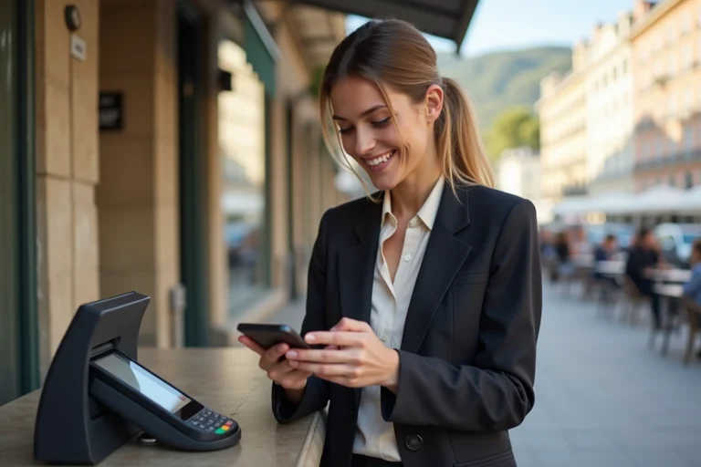 Jeune femme souriante utilisant le paiement NFC à Nice
