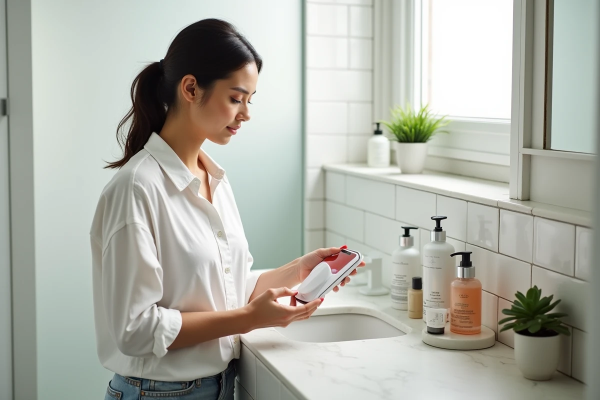Femme découvrant des produits de soin et lifestyle sur un comptoir en marbre dans une salle de bain lumineuse, style quotidien moderne et épuré