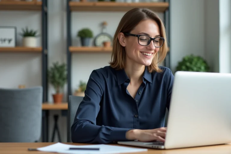 Jeune femme professionnelle au bureau avec ordinateur