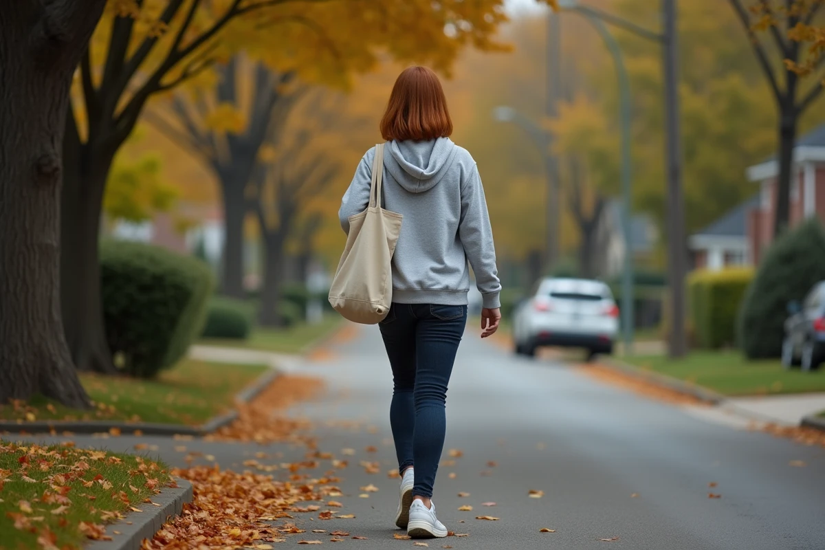 Femme marchant sur un trottoir suburban en automne, sac en toile à l'épaule, feuilles mortes au sol, photographie de rue réaliste