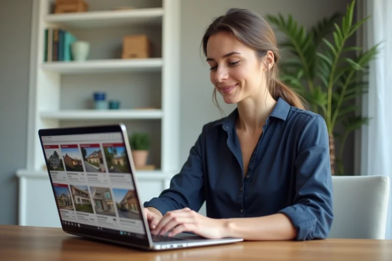 Femme consultant un annuaire de sites immobiliers sur un ordinateur portable dans un bureau à domicile