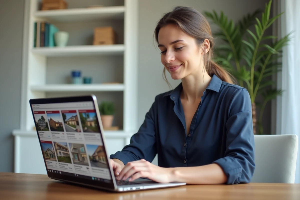 Femme consultant un annuaire de sites immobiliers sur un ordinateur portable dans un bureau à domicile