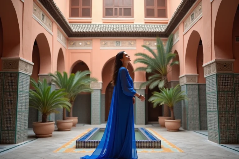 Femme en kaftan bleu cobalt contemplant une cour de riad marocain aux mosaïques colorées, évoquant l'envie de voyage et la signification des couleurs