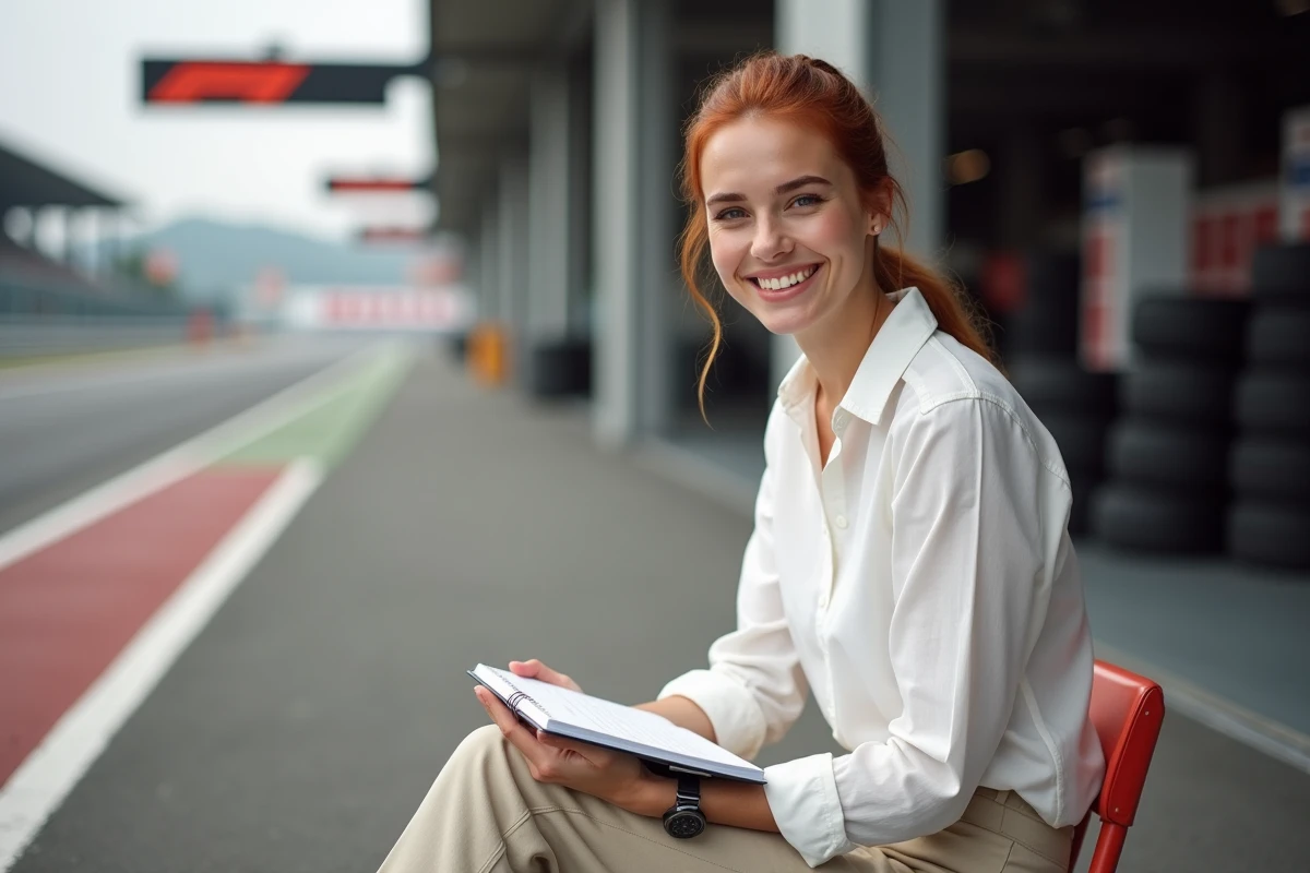 Femme souriante dans le paddock d'un circuit de moto, incarnant le soutien discret et passionné d'une compagne de pilote
