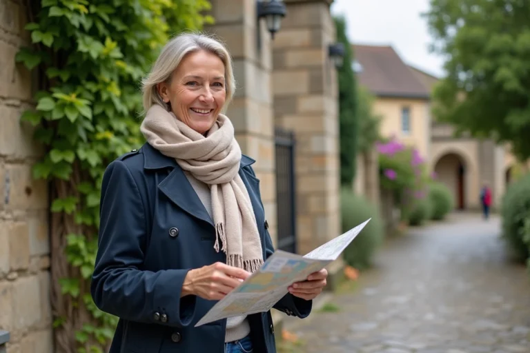 Femme souriante avec écharpe et trench devant l'église