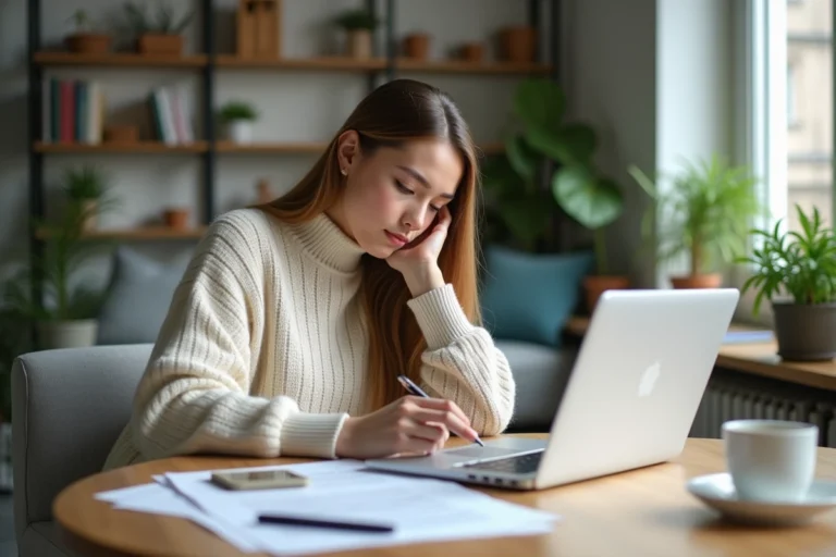 Jeune femme concentrée à la maison avec documents et ordinateur