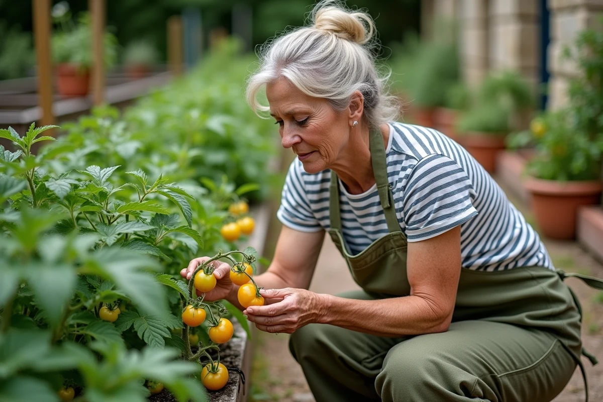 Jardinière inspectant les fleurs jaunes d'un plant de tomate en pleine floraison dans un potager rustique