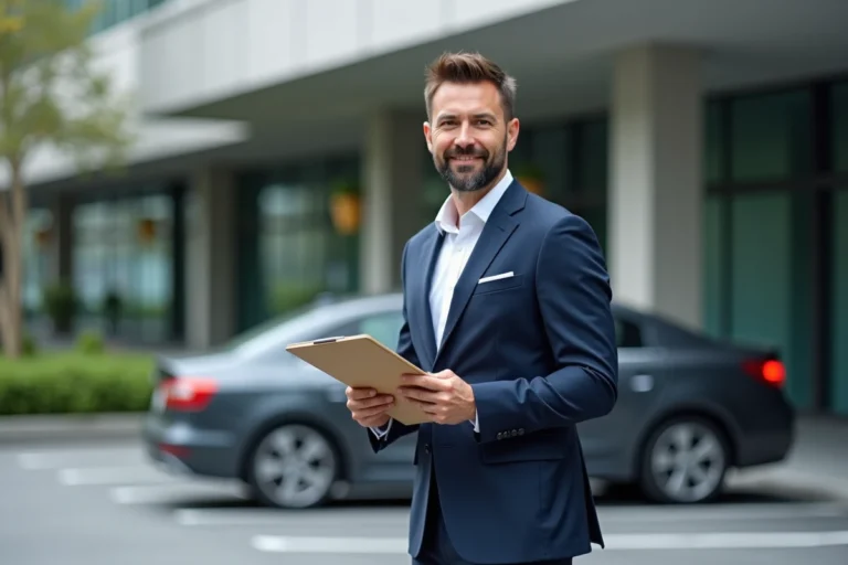Homme d'affaires en costume près d'une voiture en ville