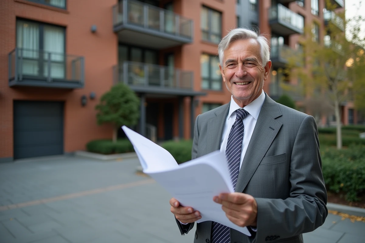 Homme d age examinant des plans architecturaux devant un immeuble
