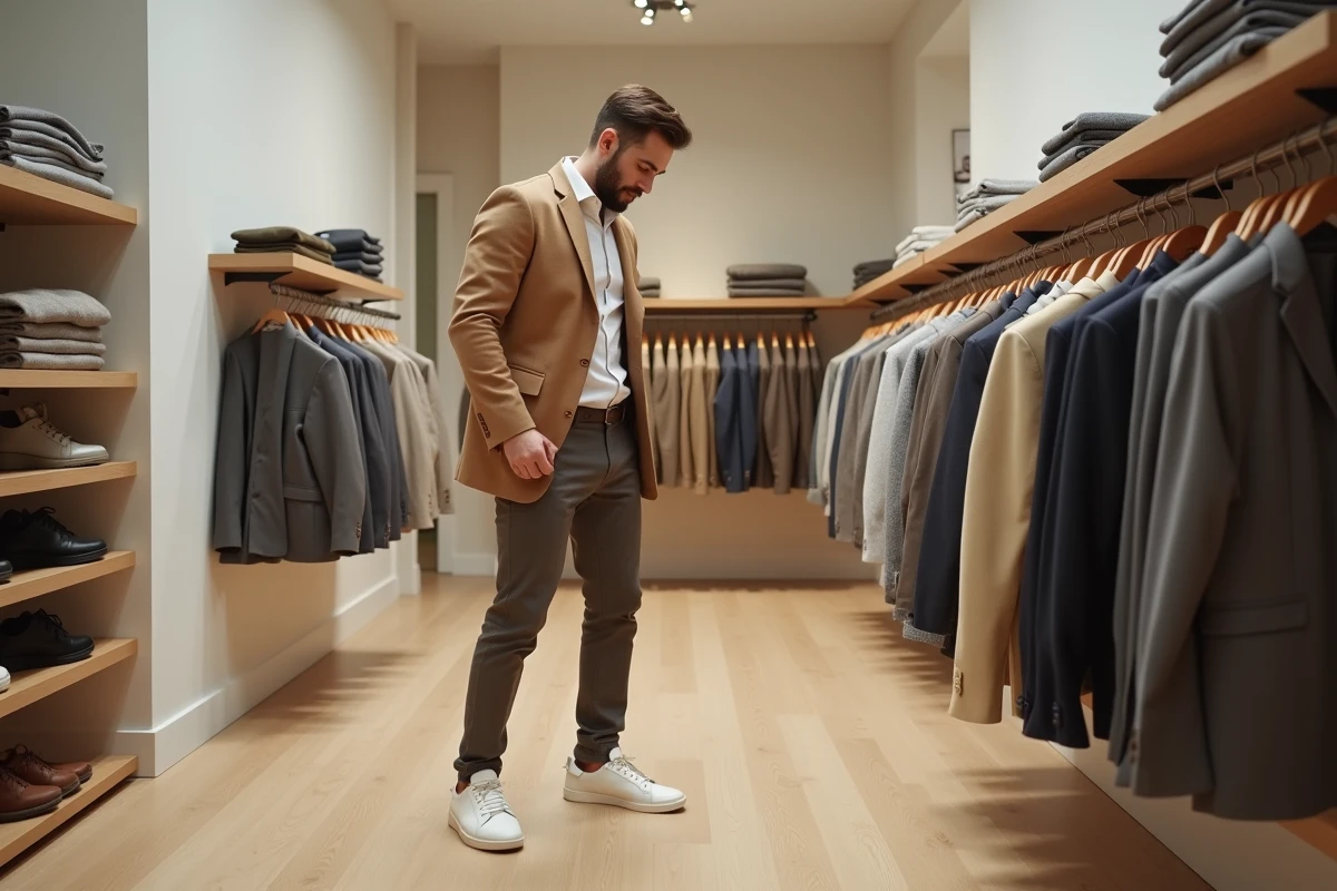 Jeune homme élégant en train de choisir des vêtements dans une boutique de mode masculine minimaliste