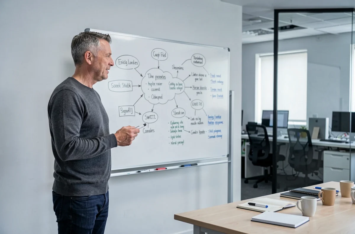 Homme en pleine séance de brainstorming stratégique pour développer des alternatives innovantes à sa carrière professionnelle