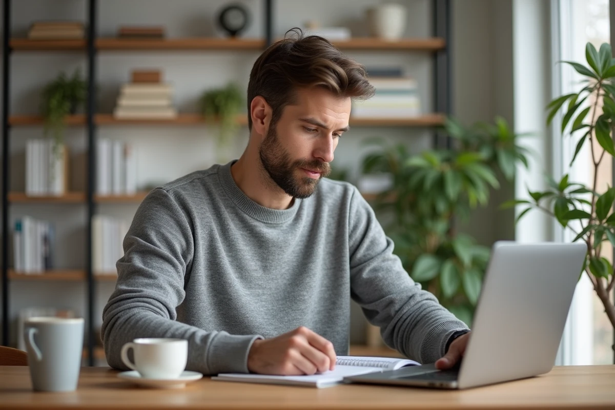 Homme moderne concentré travaillant dans un bureau à domicile soigné, incarnant le style et la productivité masculine