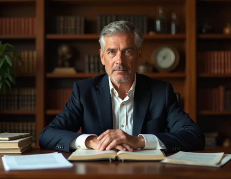 Portrait d'un homme intellectuel distingué assis dans une bibliothèque privée chaleureuse entourée de livres