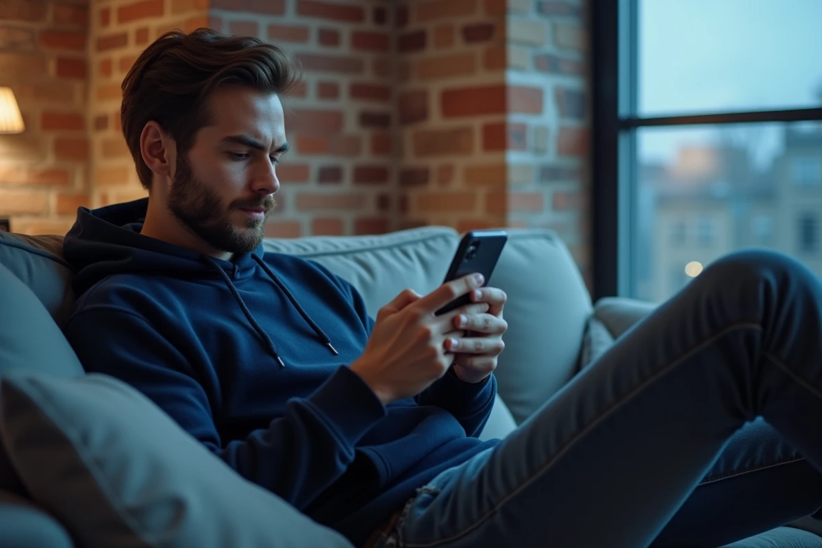 Homme utilisant une application de messagerie sur smartphone dans un appartement urbain moderne